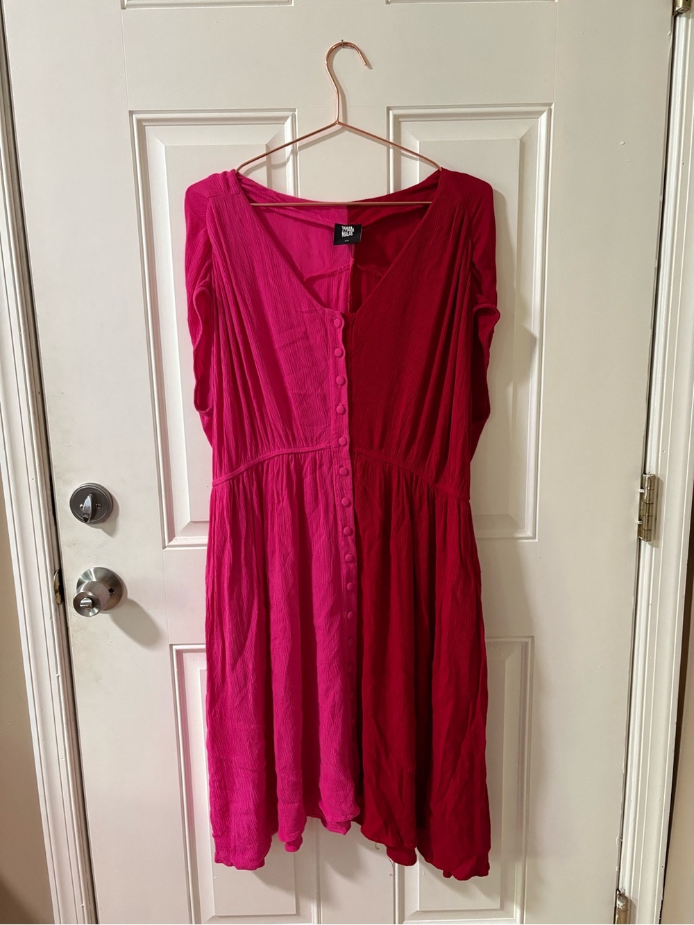Color Block Button-Front Fuchsia and Red Midi Dress by Tamara Malas